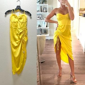 PrettyLittleThing Yellow Silk Asymmetrical Ruched Dress BNWT